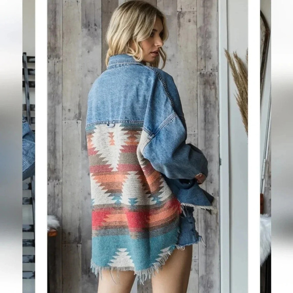New! Aztec Denim Button Down Shacket - Picture 3 of 8